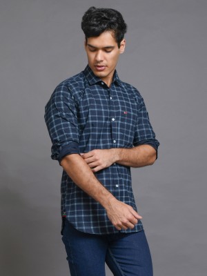 RASSO Men Checkered Casual Dark Blue, White Shirt