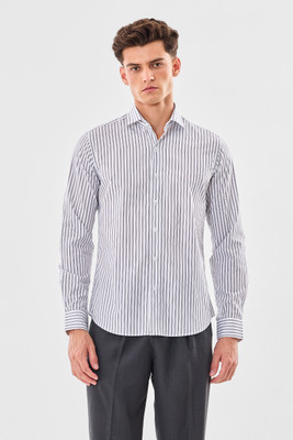 Snitch Men Striped Formal White, Black Shirt
