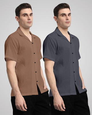 HEMAS LIFESTYLE Men Self Design, Solid Casual Brown, Grey Shirt(Pack of 2)
