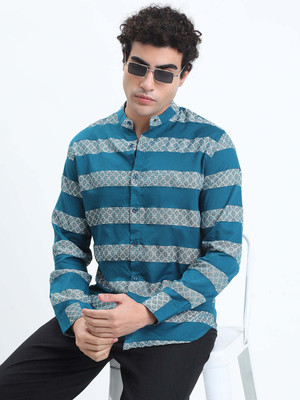 SHOWOFFFF Men Striped, Printed Casual Green Shirt