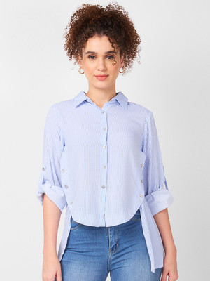 ITI Women Striped Casual Blue Shirt