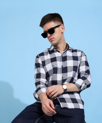 COMBRAIDED Men Checkered Casual Blue Shirt