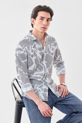 Snitch Men Geometric Print Casual White, Black Shirt