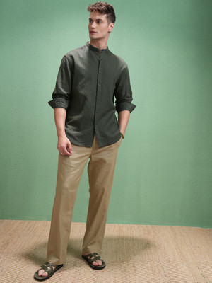 HIGHLANDER Men Striped Casual Green Shirt