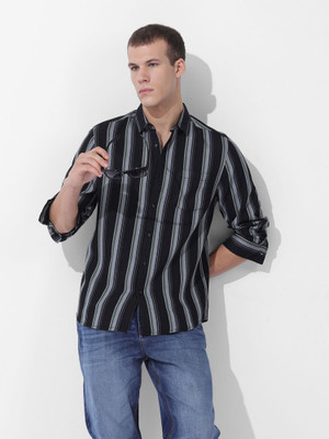 The Indian Garage Co. Men Striped Casual Black Shirt