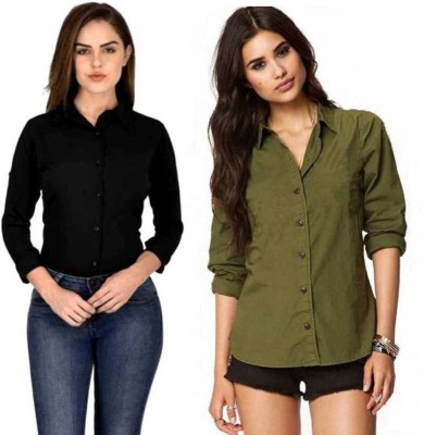 FUNDAY FASHION Women Solid Casual Dark Green, Black Shirt(Pack of 2)