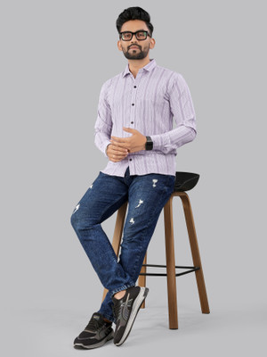 Arth Enterprise Men Striped Casual Purple Shirt