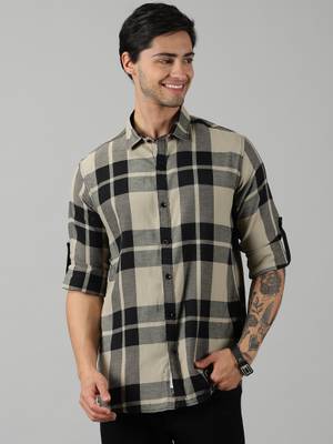 Swag Rider Men Checkered Casual Cream Shirt