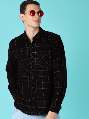 V-MART Men Checkered Casual Black Shirt