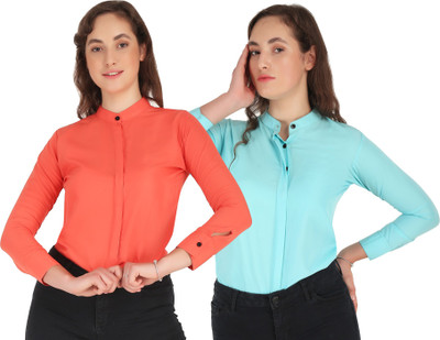 Giggles Women Solid Formal Light Blue, Grey Shirt(Pack of 2)