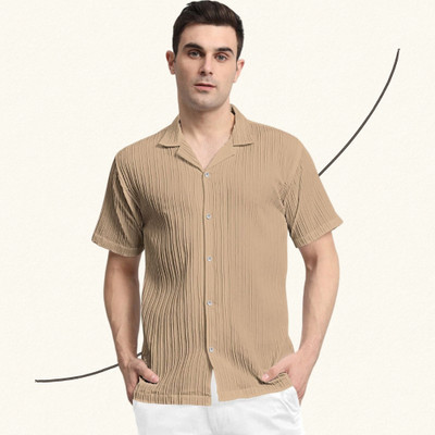 A COMBRAIDED Men Self Design Casual Cream Shirt