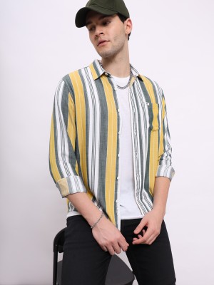 LEE Men Striped Casual Grey, White, Yellow Shirt