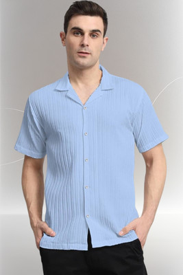 A DEEMOON TREND Men Self Design Casual Light Blue Shirt