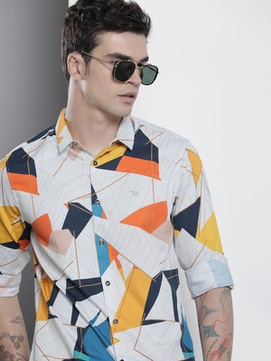 The Indian Garage Co. Men Geometric Print Casual White Shirt