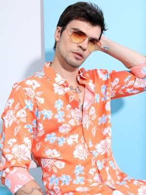 KETCH Men Floral Print Casual Orange, Light Blue, White Shirt
