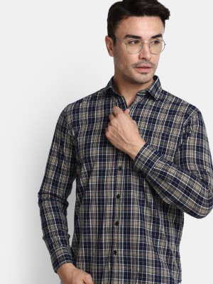 V-MART Men Checkered Casual Dark Blue, Brown, White Shirt