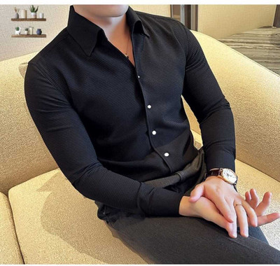 Typetron Fashion Men Self Design Formal Black Shirt