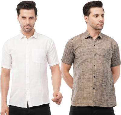 T.RRR. COLLECTION Men Self Design, Solid Casual White, Khaki Shirt(Pack of 2)