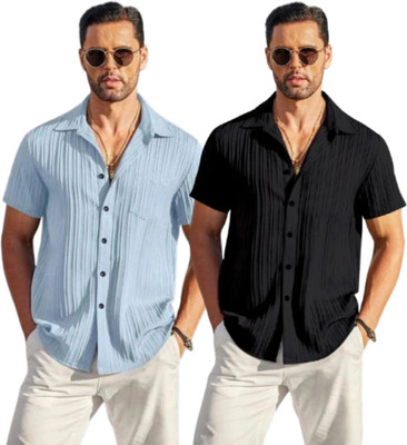 METRONAUT Men Self Design Casual Light Blue, Black Shirt(Pack of 2)