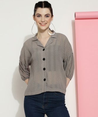 Oooh Lady Fashion Women Self Design Casual Grey Shirt