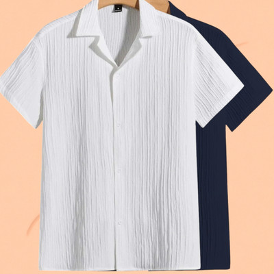 Looksky Men Self Design Casual White, Dark Blue Shirt(Pack of 2)