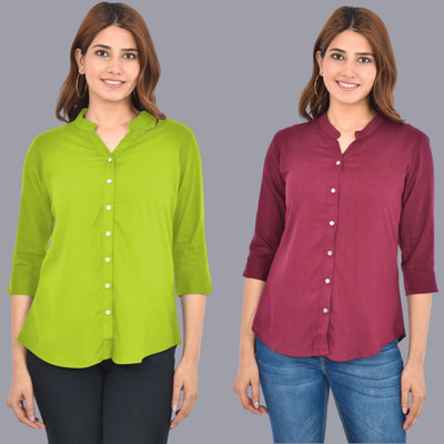 FABISHO Women Solid Casual Light Green, Maroon Shirt(Pack of 2)
