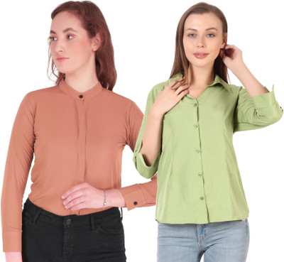 Mamnoon Women Solid Formal Light Green, Orange Shirt(Pack of 2)