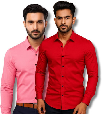 MANCHESTER & CO Men Solid Casual Pink, Red Shirt(Pack of 2)