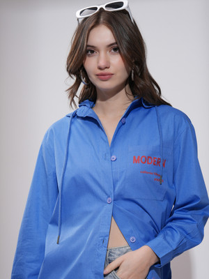 Tokyo Talkies Women Solid Casual Blue Shirt