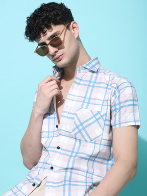 Voroxy Men Checkered Casual Beige Shirt
