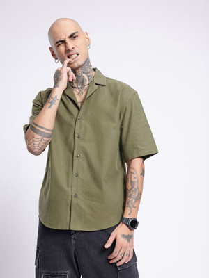 Glitchez Men Solid Casual Green Shirt