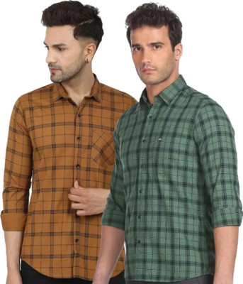 Click Everyday Men Checkered Casual Yellow, Green Shirt(Pack of 2)