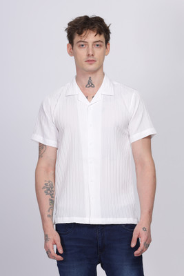 FUBACK Men Self Design Casual White Shirt