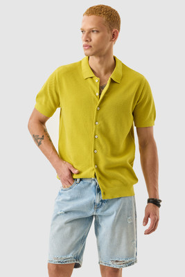 Snitch Men Self Design Casual Yellow Shirt