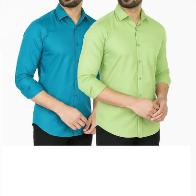 Hansroop Men Solid Casual Light Blue, Green Shirt(Pack of 2)