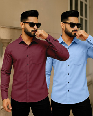 AITAVIKOVERSEAS Men Solid Casual Maroon, Light Blue Shirt(Pack of 2)