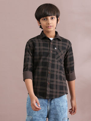ALLWIN PAUL Boys Checkered Casual Brown, Black Shirt