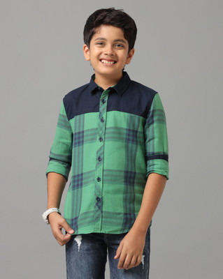 Under Fourteen Only Boys Self Design Casual Green Shirt