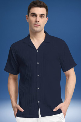 A DEEMOON TREND Men Self Design Casual Dark Blue Shirt