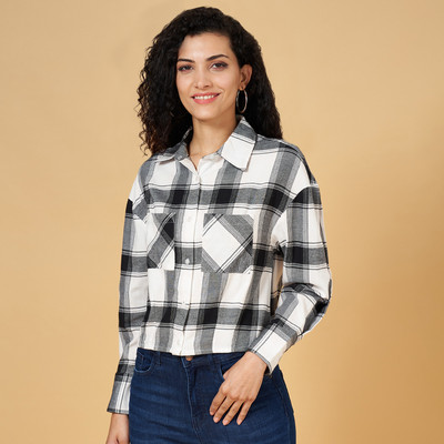 SF Jeans by Pantaloons Women Checkered Casual White Shirt