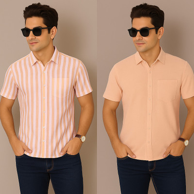 DAS COLLECTION Men & Women Striped Casual Orange Shirt(Pack of 2)