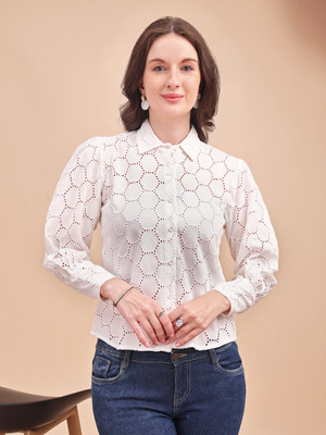 ARVILAS Women Embroidered Casual White Shirt