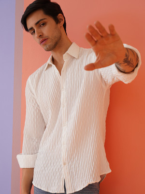 Indian Needle Men Self Design Casual White Shirt