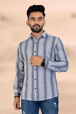 Karmsilk Creation Men Striped Formal Grey Shirt