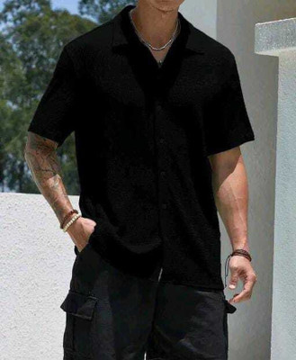 SHFASHION Men Self Design Casual Black Shirt