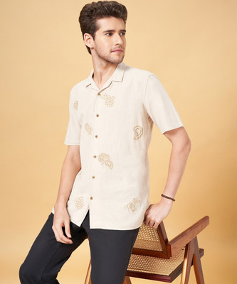 7 Alt by Pantaloons Men Embroidered Casual Beige Shirt