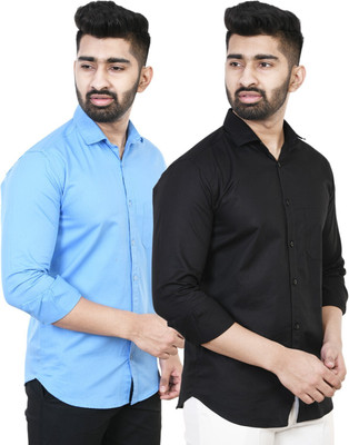 Feel high Men Solid Casual Blue, Black Shirt(Pack of 2)