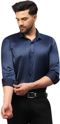Voroxy Men Solid Casual Dark Blue Shirt