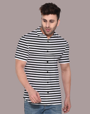Money Leaf Men Striped Casual Black, White Shirt