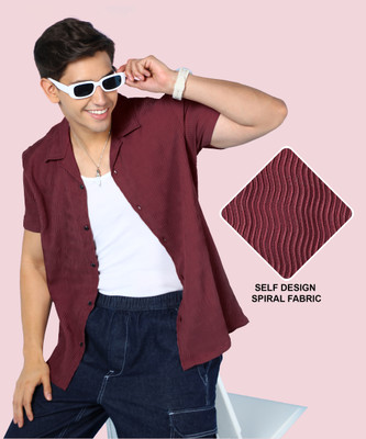 INDICLUB Men Self Design Casual Maroon Shirt